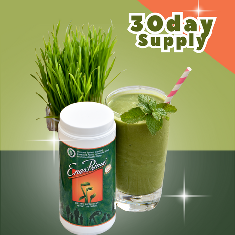 EnerPrime supplement bottle with a glass of green smoothie and grass on a green background