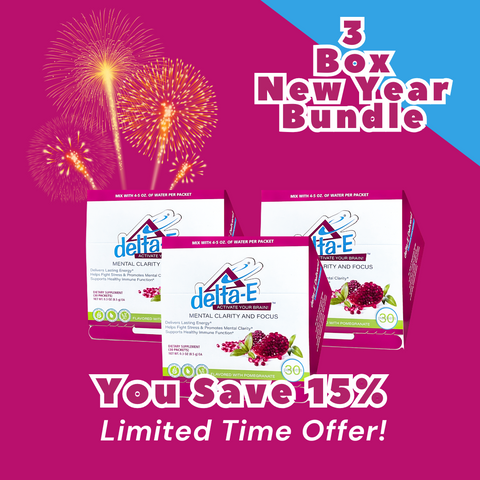 Promotional image of Delta E product boxes with fireworks and New Year bundle text on a pink and blue background.
