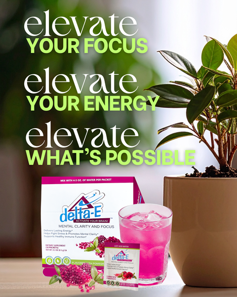 Delta-E supplement packaging with a glass of pink drink and plant in the background