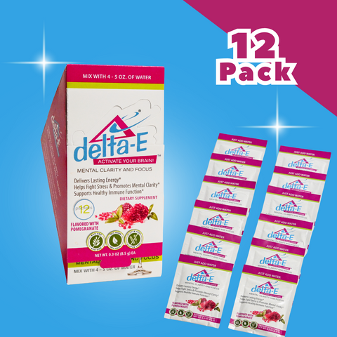 Delta-E supplement packets with a box on a blue background